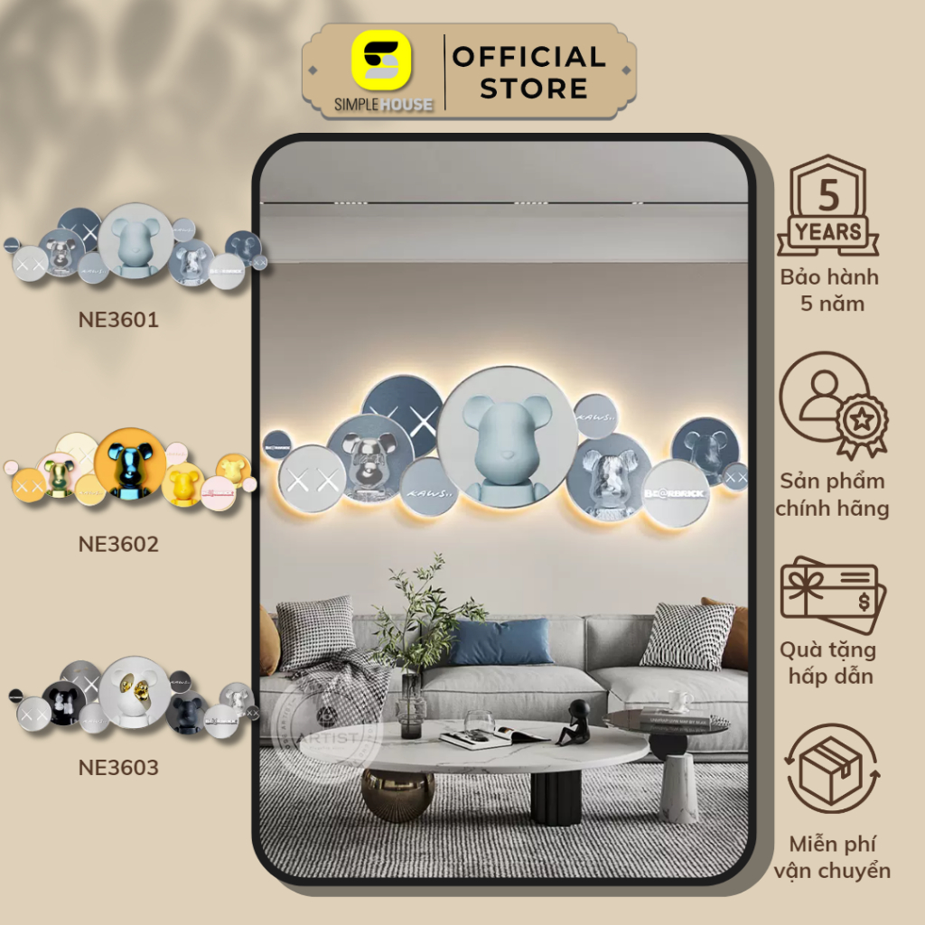 Tranh Tráng Gương Đèn Led Treo Tường Gấu Bearbrick, Trang Trí Nhà Cửa, Phòng Khách, Phòng Làm Việc, Cửa Hàng - Simple House