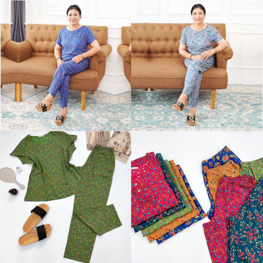 Đồ Bộ mặc nhà trung niên cho mẹ chất Lanh (tole) , quần dài , áo cộc tay.