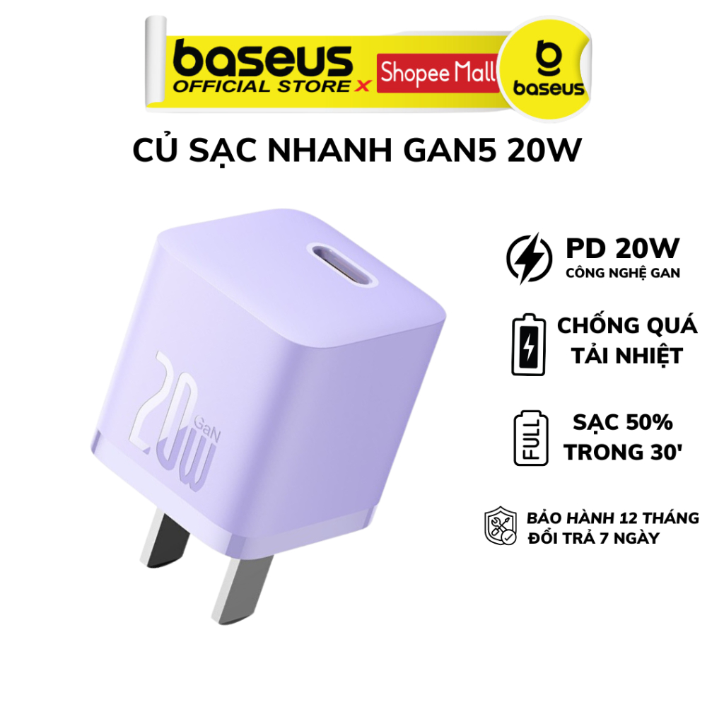 Cốc Sạc Nhanh PD20w Baseus GaN5 1C công nghệ GaN chống cháy nổ mới nhất cho iP12 11 13 14promax.