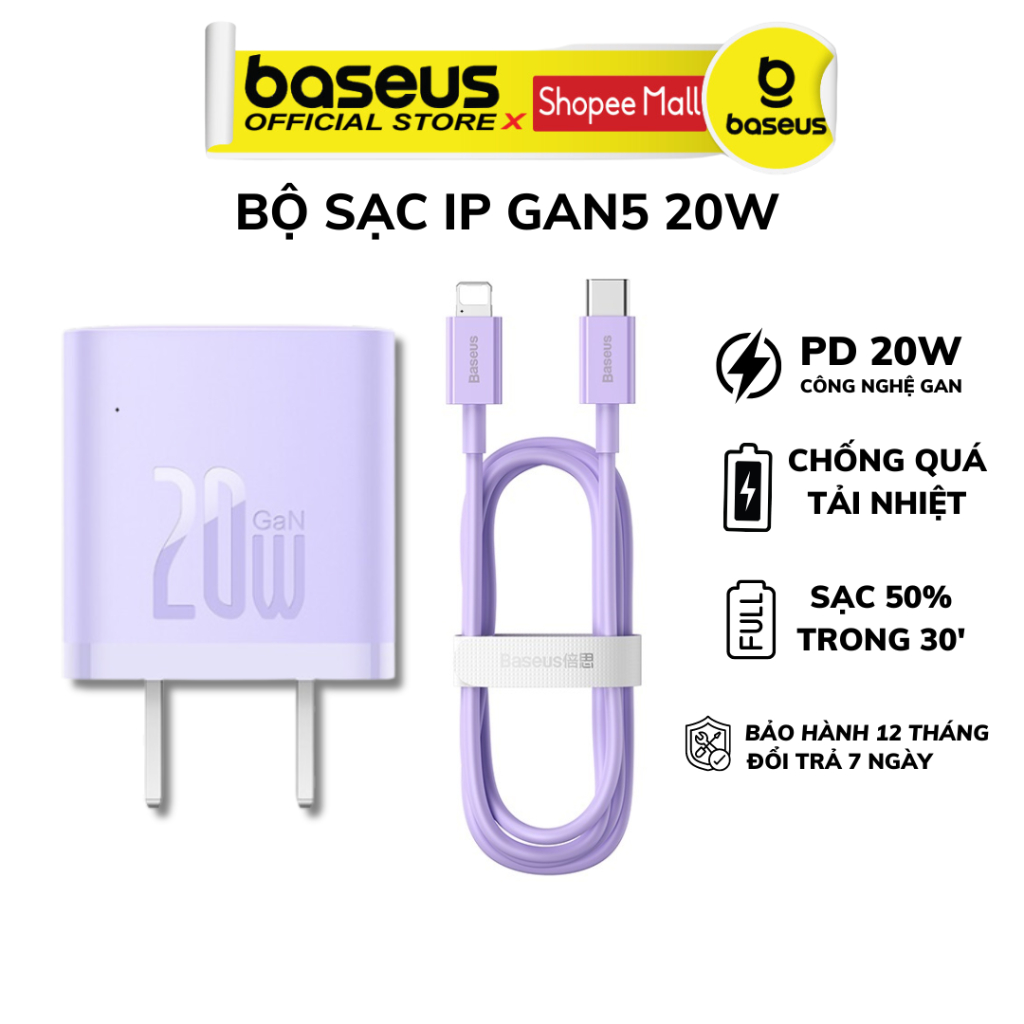 Bộ củ kèm cáp sạc nhanh 20w Baseus công nghệ Gan5 dùng cho ipad/iphone 14 13 12 11pro xsmax