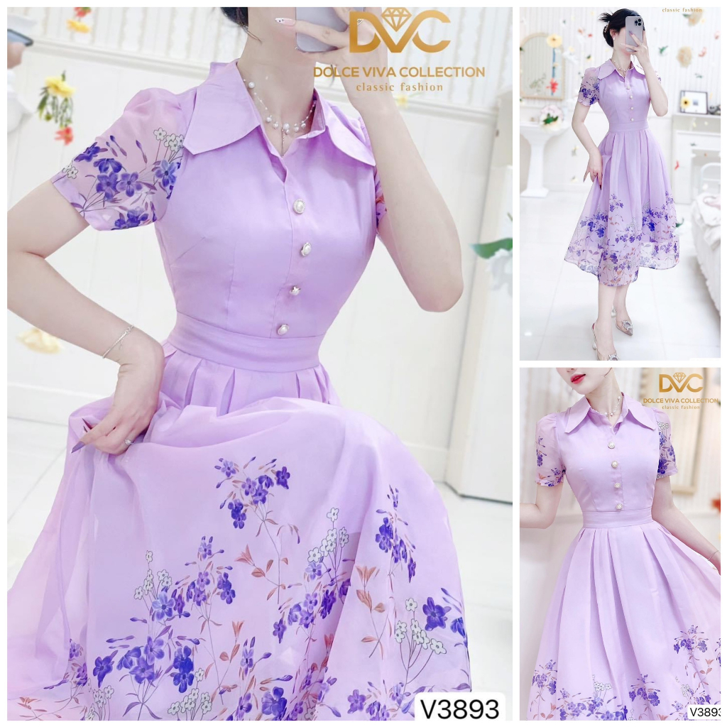 V3893 Váy sơ mi tím hoa nhí tiểu thư  váy đầm xoè hoa tím công sở