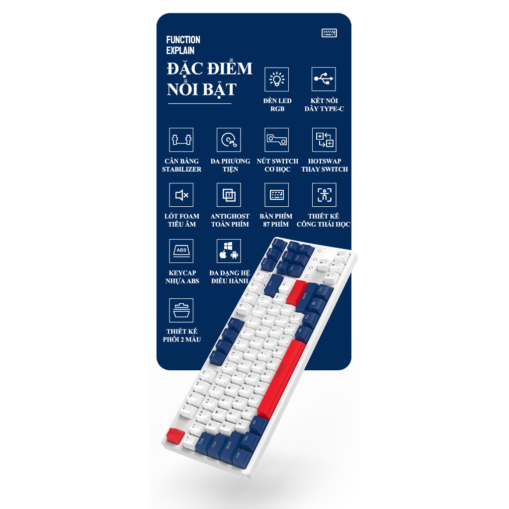 Bàn phím cơ CÓ DÂY K87 sử dụng RED SWITCH trang bị đèn led RGB và có hotswap có thể thay switch dễ dàng chuyên game