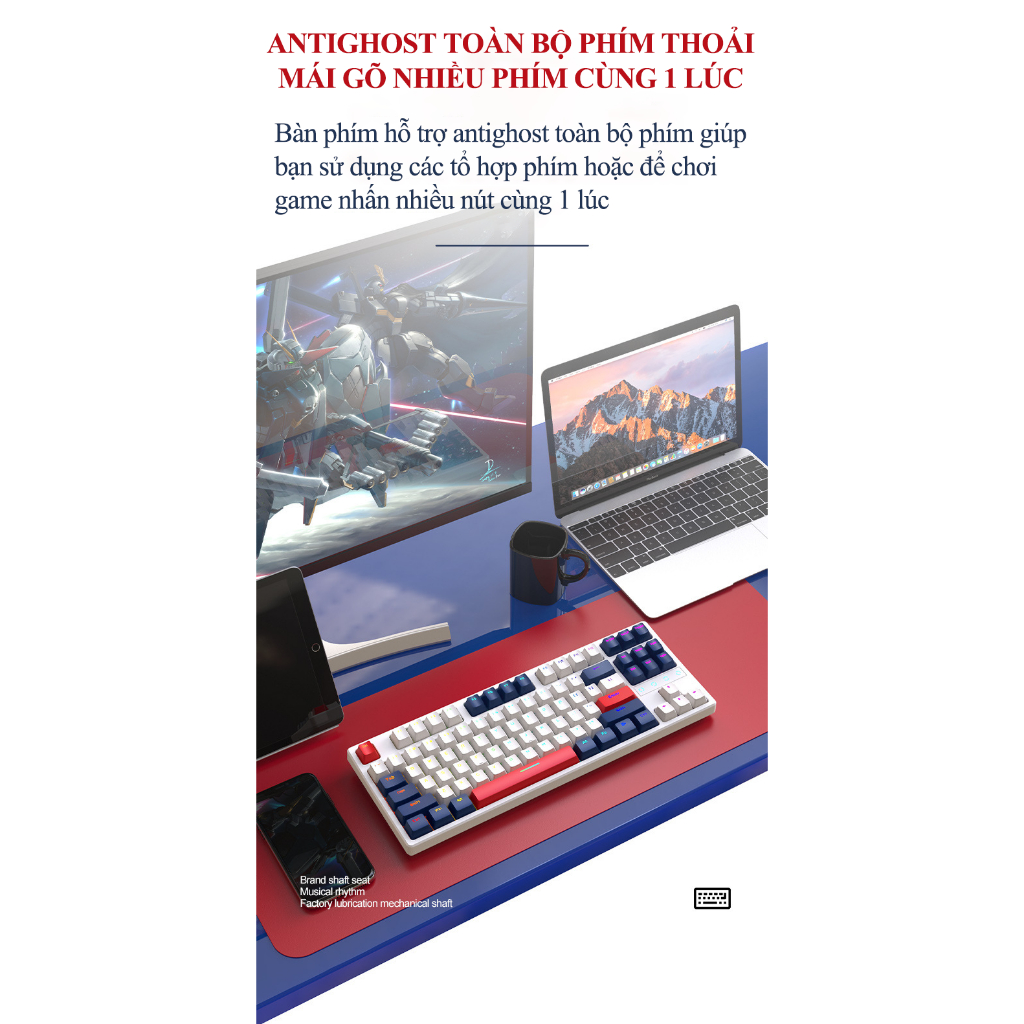 Bàn phím cơ CÓ DÂY K87 sử dụng RED SWITCH trang bị đèn led RGB và có hotswap có thể thay switch dễ dàng chuyên game