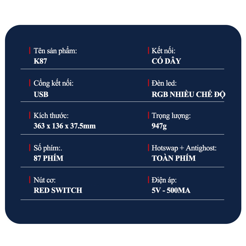 Bàn phím cơ CÓ DÂY K87 sử dụng RED SWITCH trang bị đèn led RGB và có hotswap có thể thay switch dễ dàng chuyên game