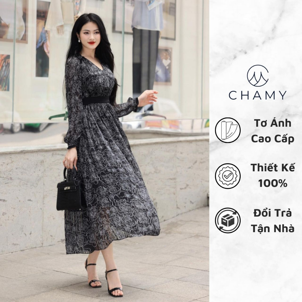 Đầm Nữ 𝐂𝐇𝐀𝐌𝐘 Loza Thiết Kế Cổ V Tay Bồng Dáng Xòe Nhẹ Thướt Tha Chất Tơ Ánh Mềm Mại