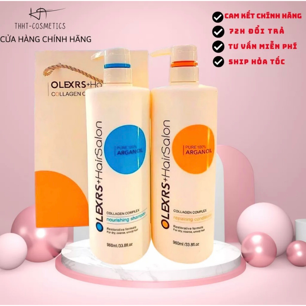Cặp dầu gội xả Olexrs Argan Oil Collagen Hair Salon cho tóc khô hư tổn 960ml GỘI XẢ