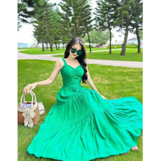 Đầm dự tiệc thời trang nữ sang chảnh chất lụa 100D cổ dây không tay có mút ngực bo eo dáng váy dài xoè maxi