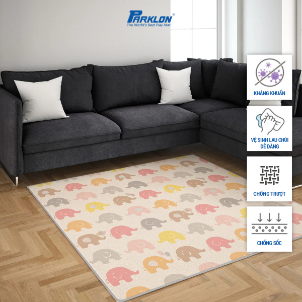 Thảm Em Bé Cao Cấp Parklon Voi Con Ngộ Nghĩnh+Sọc Đa Sắc Chính Hãng Hàn Quốc (200x180x1.7)cm (PE-Elephant+Fancy stripe)