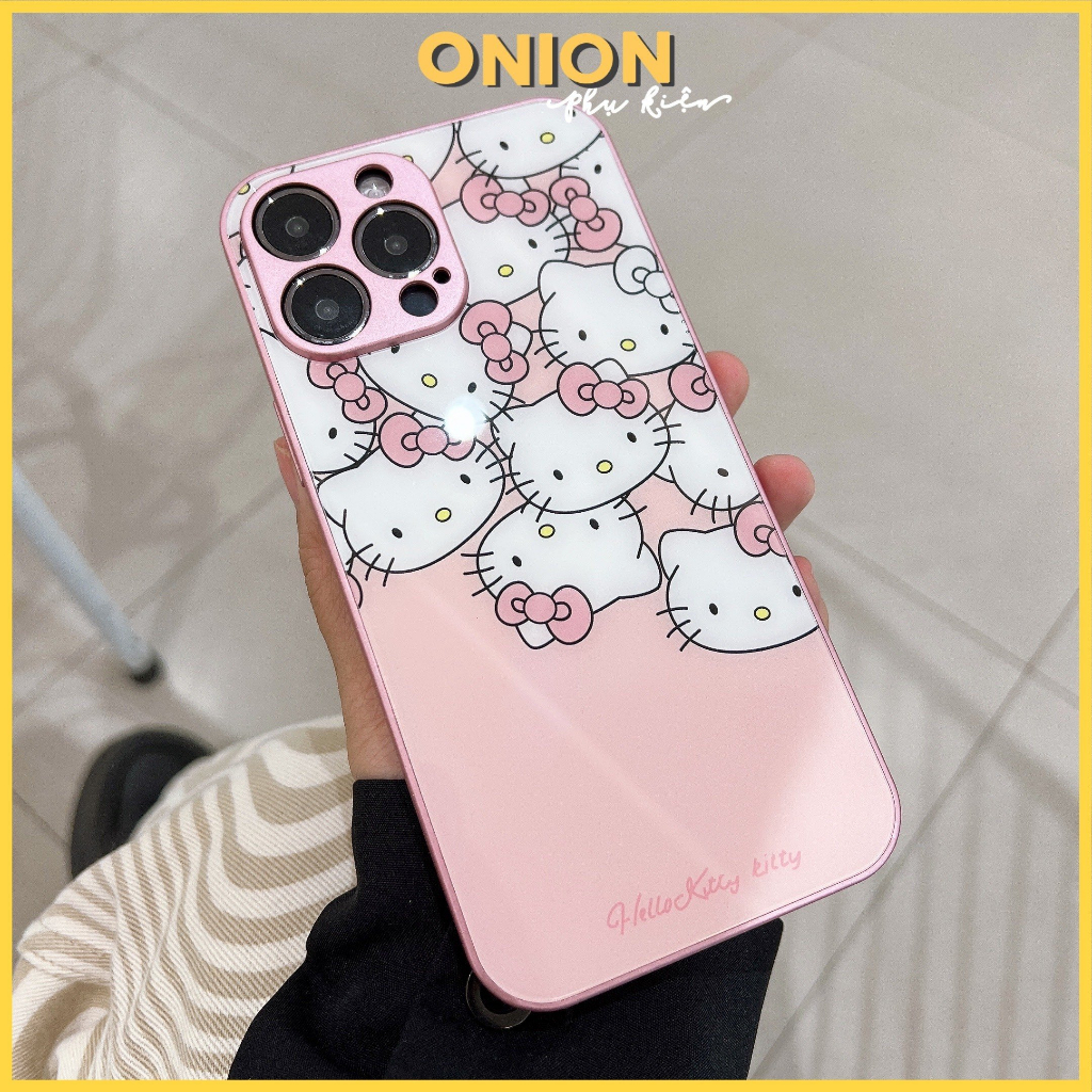 Ốp Hello Kitty lưng kính hồng dành cho iPhone Xsmax 11 12 13 14 Pro Promax