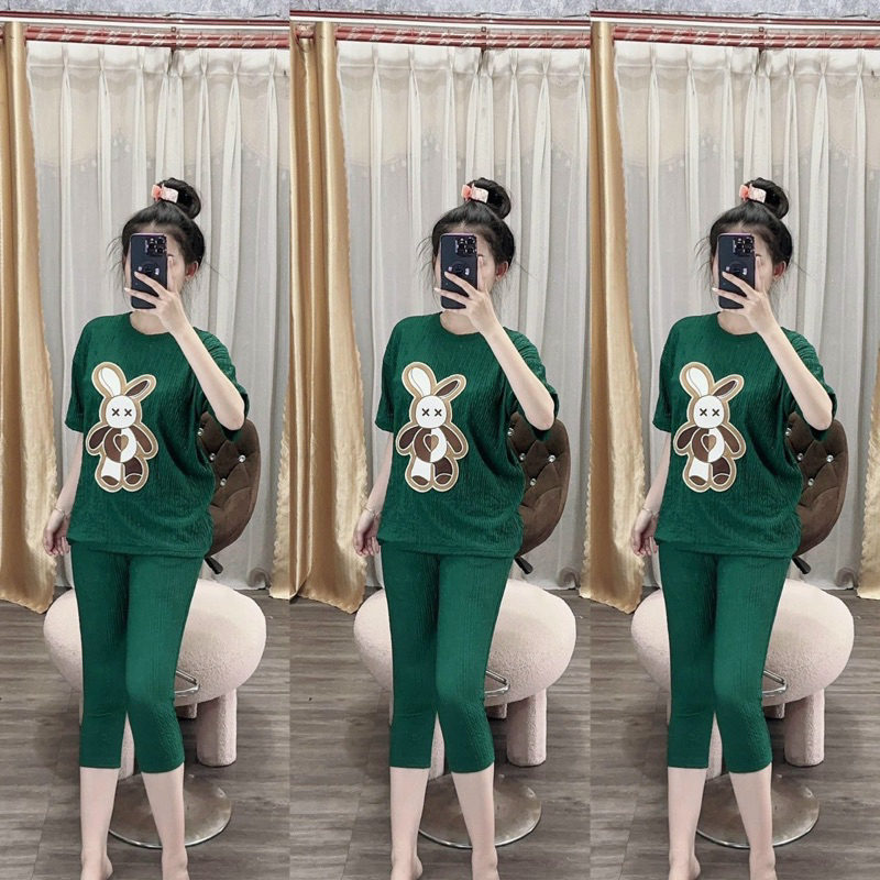 (Có tới Bigsize 85kg) Sét Đồ Bộ Lửng Thêu Thỏ Chéo Tà Sau, Đồ Bộ Lửng Bigsize Mặc Nhà