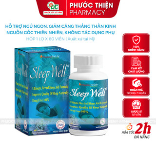 Viên uống giúp hỗ trợ ngủ ngon Sleep Well Lọ 60 Viên - melatonin giảm mất ngủ, dưỡng tâm an thần