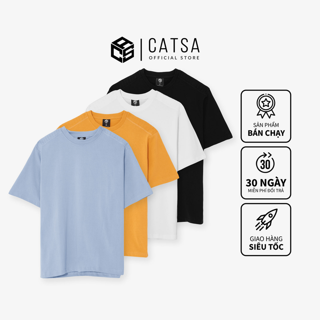 Áo thun trơn oversize cổ tròn CATSA đen trắng xanh vàng chất liệu thun Cotton 2 chiều ATN316-317-318-319