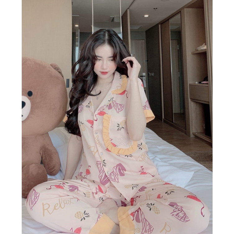 Bộ đồ ngủ cộc tay quần dài vải lụa satin mềm mát cho nữ, pijama có cổ mặc ở nhà in hình cute mùa hè LADY