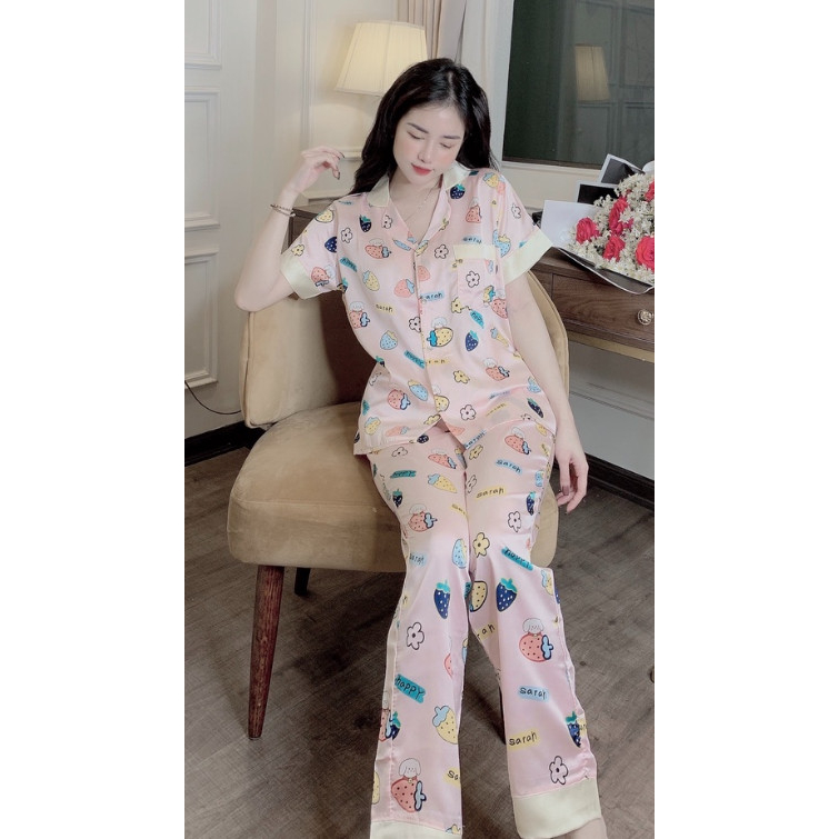 Bộ đồ ngủ cộc tay quần dài vải lụa satin mềm mát cho nữ, pijama có cổ mặc ở nhà in hình cute mùa hè LADY