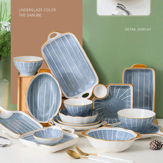 Bộ bát đĩa decor, Chén dĩa dễ thuơng, Bát ăn cơm, Bộ chén dĩa hoạ tiết kẻ xanh nước biển siêu xinh