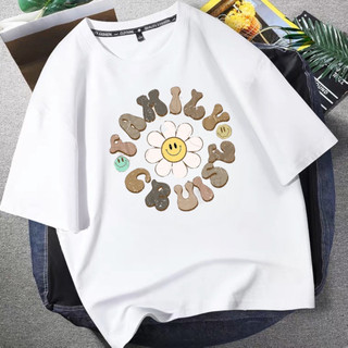 SWELEE at0090 Áo thun nam nữ cotton form rộng tay lỡ unisex hình in bông hoa trắng