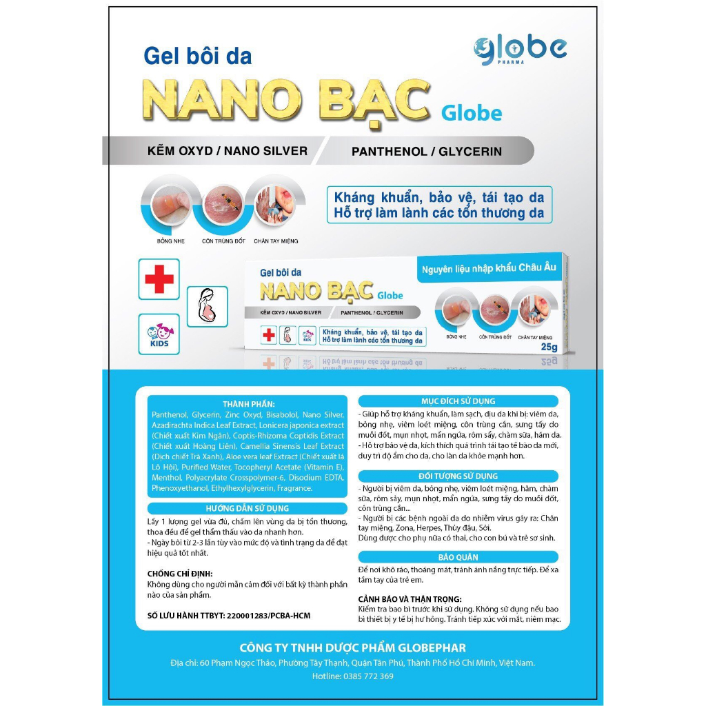 GEL NANO BẠC GLOBE - Giúp làm sạch da, kháng khuẩn - Tuýp 25gam