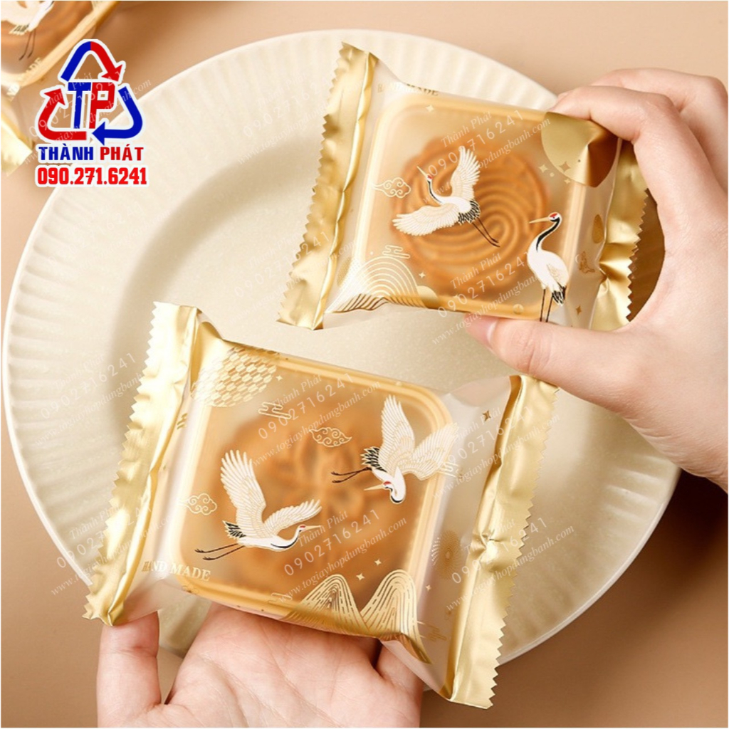 100 Khay túi ép miệng hình hạc vàng đựng bánh trung thu 100g - Mẫu mới 2023