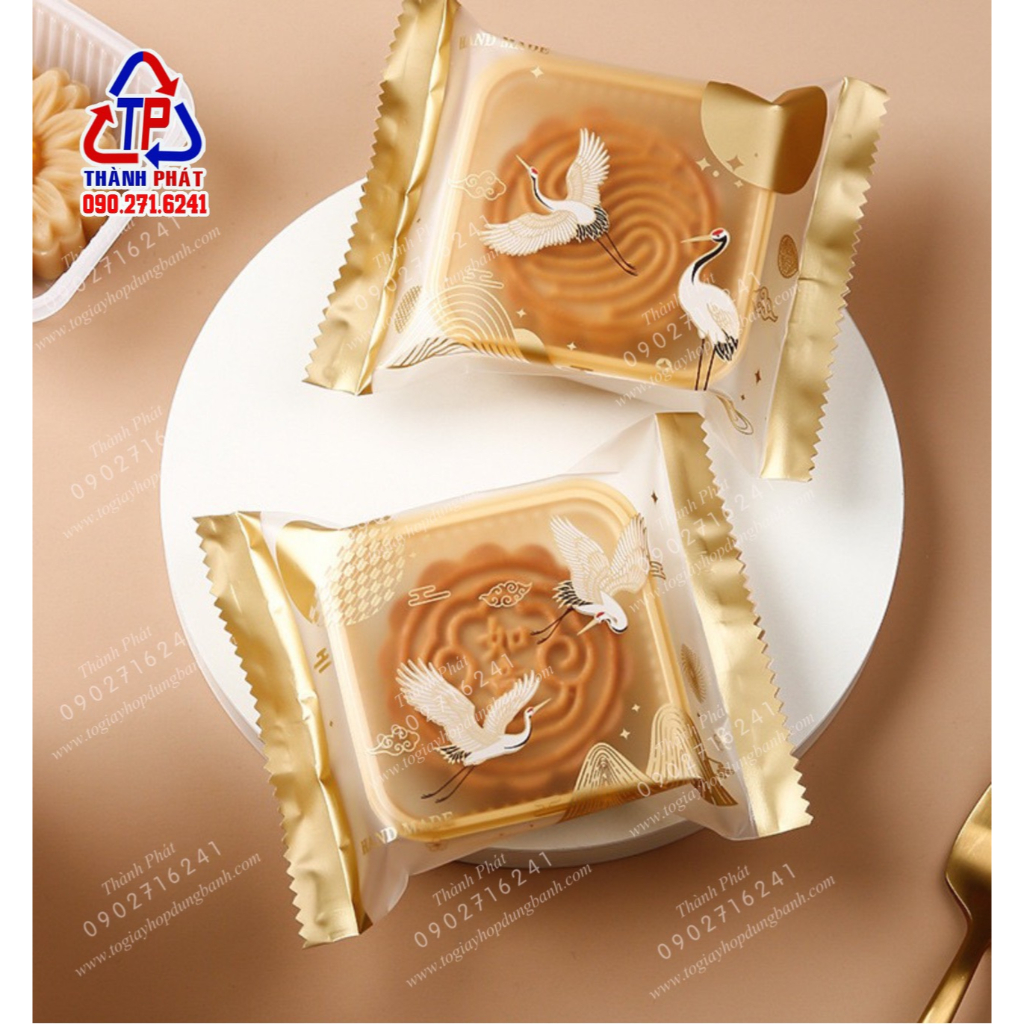 100 Khay túi ép miệng hình hạc vàng đựng bánh trung thu 100g - Mẫu mới 2023