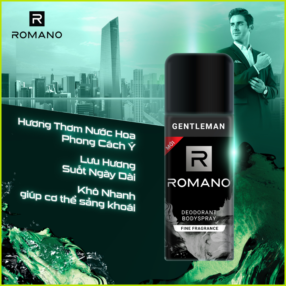 Combo 2 chai xịt khử mùi Romano Gentleman 150ml - Xịt ngăn mùi toàn thân kháng khuẩn ngăn mồ hôi hương nước hoa