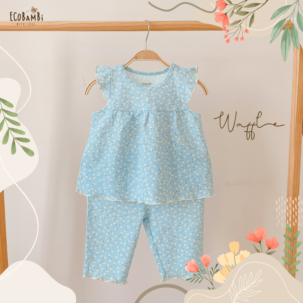 Bộ bé gái tay cánh tiên, quần lửng thun waffle in hoạ tiết hoa nhí dễ thương cho bé yêu - BB-23BOBG022 -  ECOBAMBI
