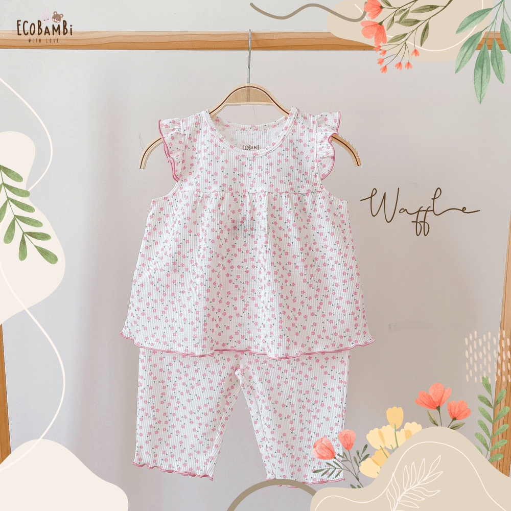Bộ bé gái tay cánh tiên, quần lửng thun waffle in hoạ tiết hoa nhí dễ thương cho bé yêu - BB-23BOBG022 -  ECOBAMBI