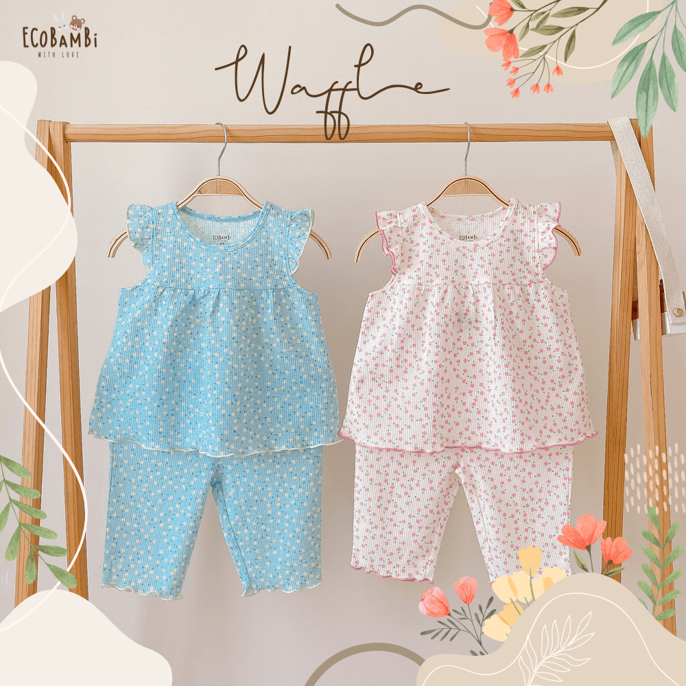 Bộ bé gái tay cánh tiên, quần lửng thun waffle in hoạ tiết hoa nhí dễ thương cho bé yêu - BB-23BOBG022 -  ECOBAMBI
