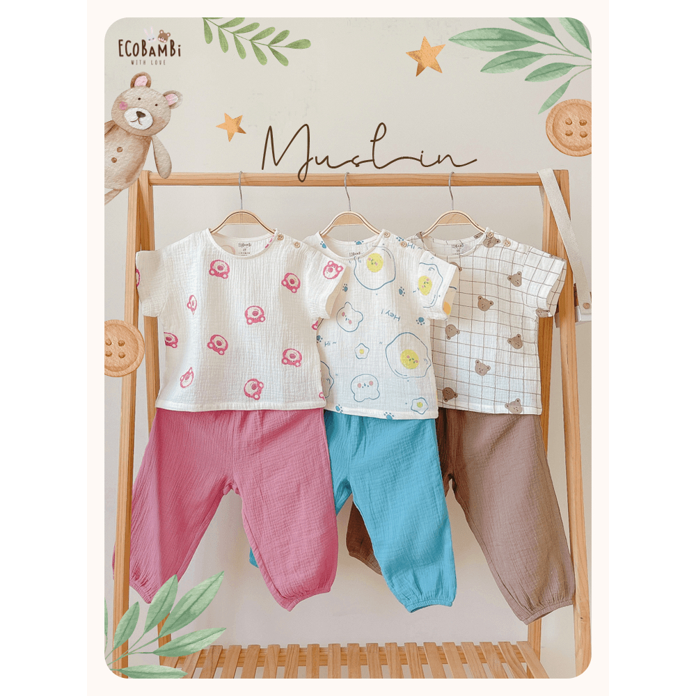 Bộ cotton Muslin Unisex TAY NGẮN, QUẦN THỤNG phong cách Hàn Quốc cho bé - ECOBAMBI