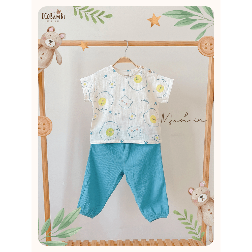 Bộ cotton Muslin Unisex TAY NGẮN, QUẦN THỤNG phong cách Hàn Quốc cho bé - ECOBAMBI