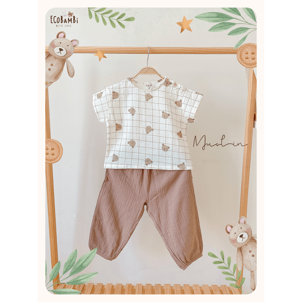 Bộ cotton Muslin Unisex TAY NGẮN, QUẦN THỤNG phong cách Hàn Quốc cho bé - ECOBAMBI