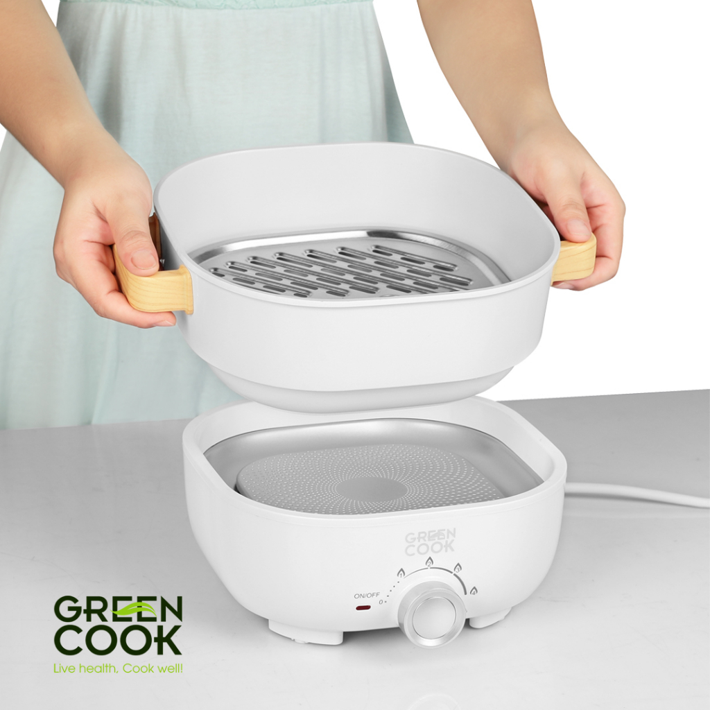 Nồi lẩu, nướng điện đa năng có xửng hấp Green Cook GCEH233-3L - Hàng chính hãng