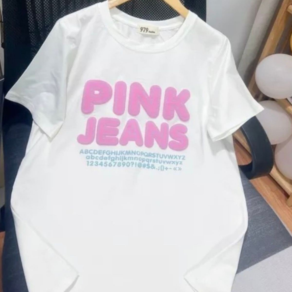 Áo Thun Nam Nữ Cotton Thái Nhập In Chữ Nổi Pink Jean Chất Cotton Mát Mẻ, Co Giãn 4 Chiều Freesize 38kg-63kg