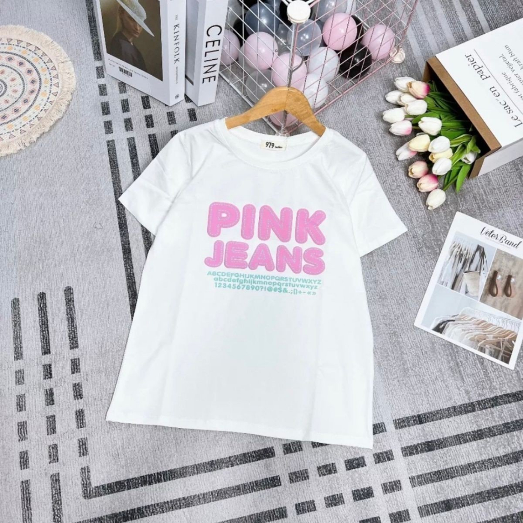 Áo Thun Nam Nữ Cotton Thái Nhập In Chữ Nổi Pink Jean Chất Cotton Mát Mẻ, Co Giãn 4 Chiều Freesize 38kg-63kg