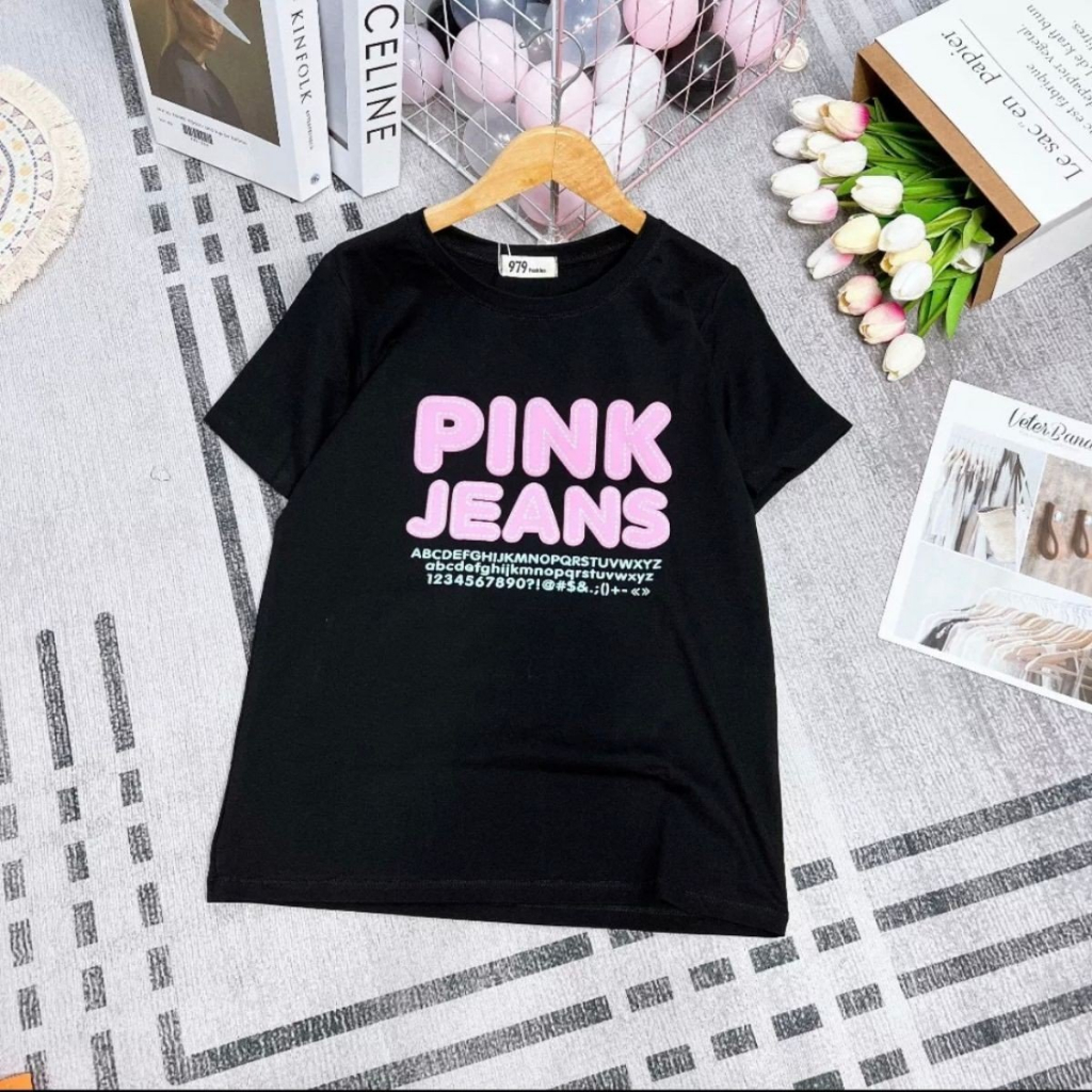 Áo Thun Nam Nữ Cotton Thái Nhập In Chữ Nổi Pink Jean Chất Cotton Mát Mẻ, Co Giãn 4 Chiều Freesize 38kg-63kg