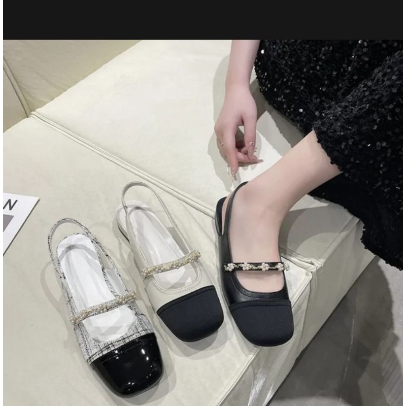 Giày búp bê hở gót đính hoa nhí ngọc. 937