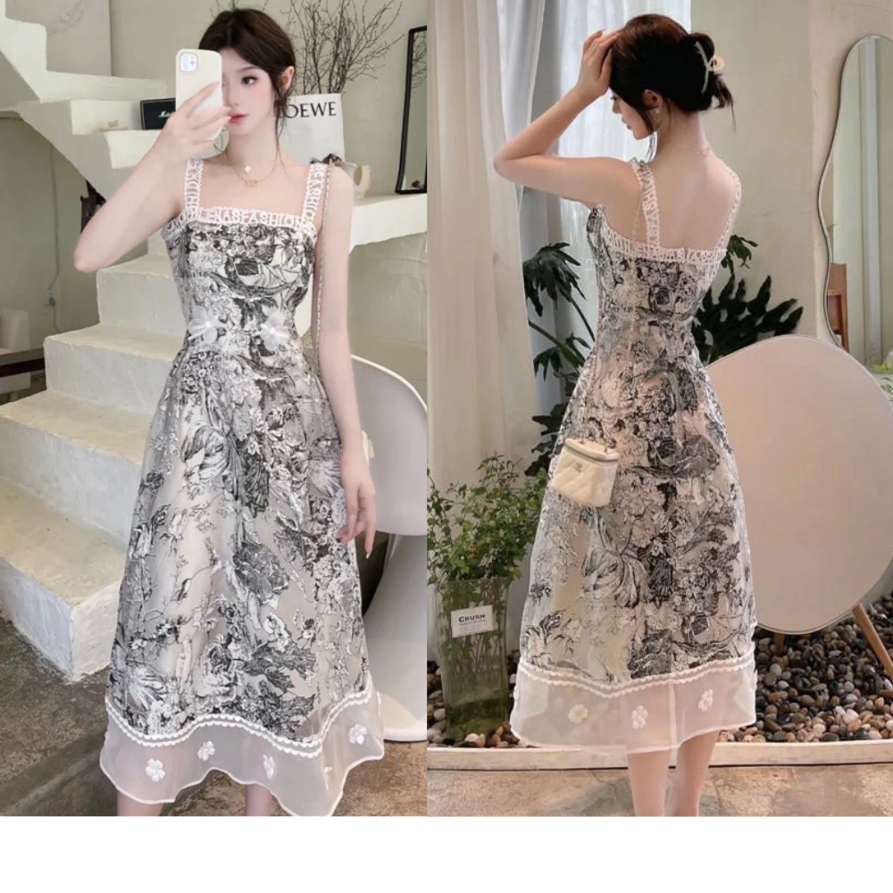Đầm Nữ Hai Dây Hoạ Tiết Đẹp MELLYSTORE Chất Vải Tơ Hoa Gấm Thoáng 2 Lớp,Màu Xanh Đẹp Quyến Rũ,Sang Trọng - Hàng Thiết Kế