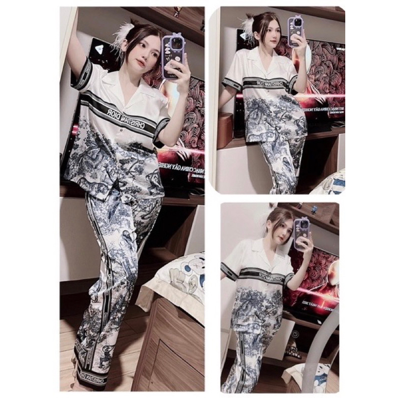 Bộ pijama lụa xước leisure Quảng Châu tay ngắn họa tiết trắng đen (from gọn )