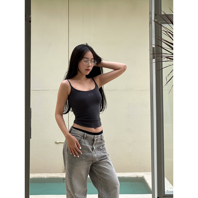Áo 2 dây co giãn thêu logo màu trắng/xám/đen/nâu rêu - THESTAN