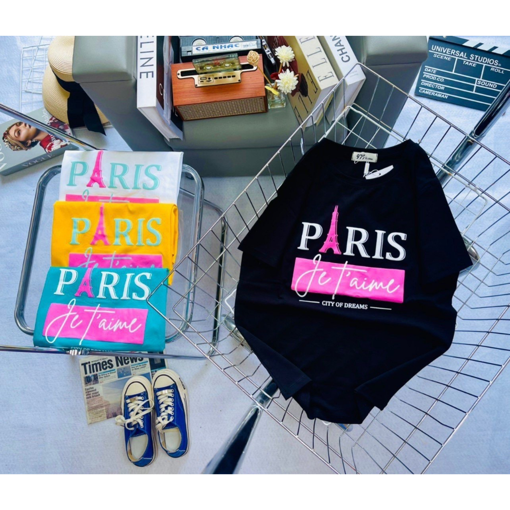 Áo Thun Nam Nữ Cotton Thái Nhập In Chữ Paris Chất Cotton Mát Mẻ, Co Giãn 4 Chiều Freesize 38kg-63kg