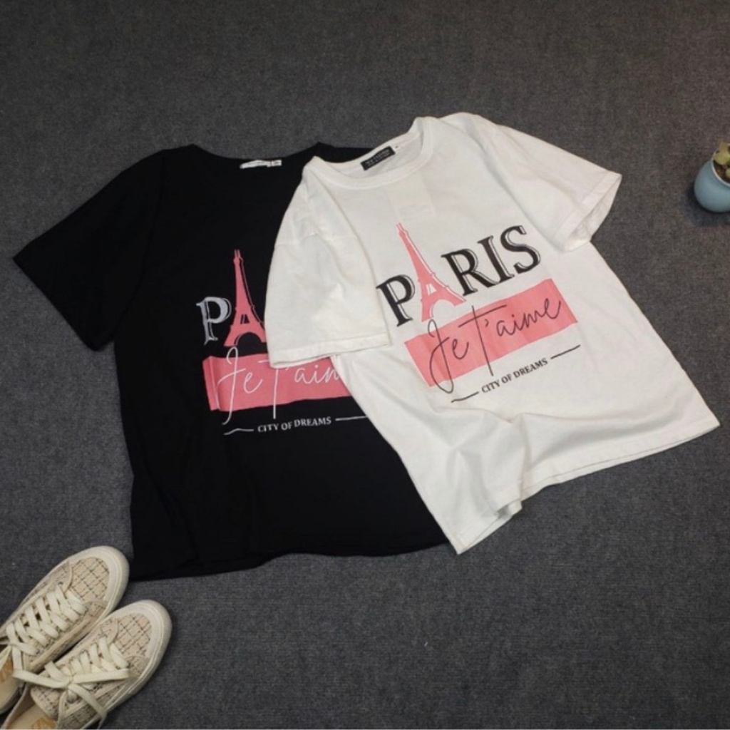 Áo Thun Nam Nữ Cotton Thái Nhập In Chữ Paris Chất Cotton Mát Mẻ, Co Giãn 4 Chiều Freesize 38kg-63kg