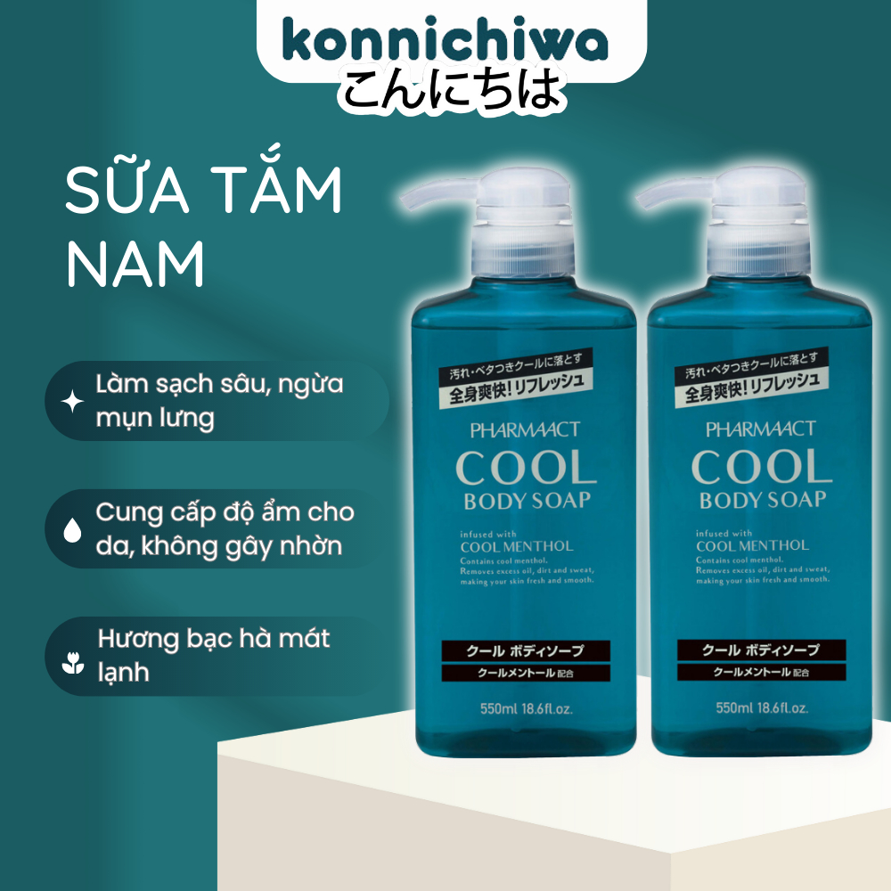 Sữa tắm nam Pharmaact Tonic chiết xuất tinh chất bạc hà, lô hội mát lạnh sảng khoái chai 550ml Nhật bản - Konnichiwa