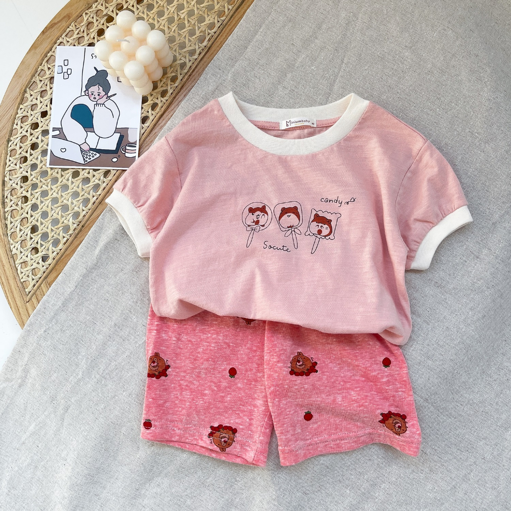 Bộ đồ cộc tay quần đùi cổ tròn Miniumbaby cho bé họa tiết đáng yêu chất liêu 100% cotton nhiều màu sắc-SB1553