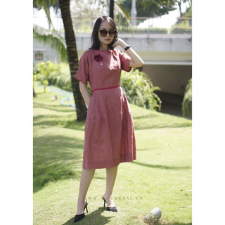 Đầm linen tưngMaxMessi Premium Collection ARIEL cổ tròn tay đỗ thêu thủ công