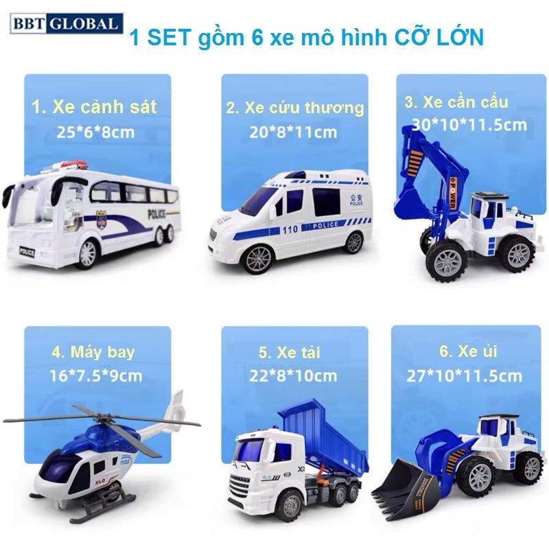 COMBO 6 XE CẢNH SÁT SIÊU TO, SET 6 XE CẢNH SÁT, XE TẢI, XE MÚC, XE CẨU, MÁY BAY CHẠY ĐÀ CHO BÉ