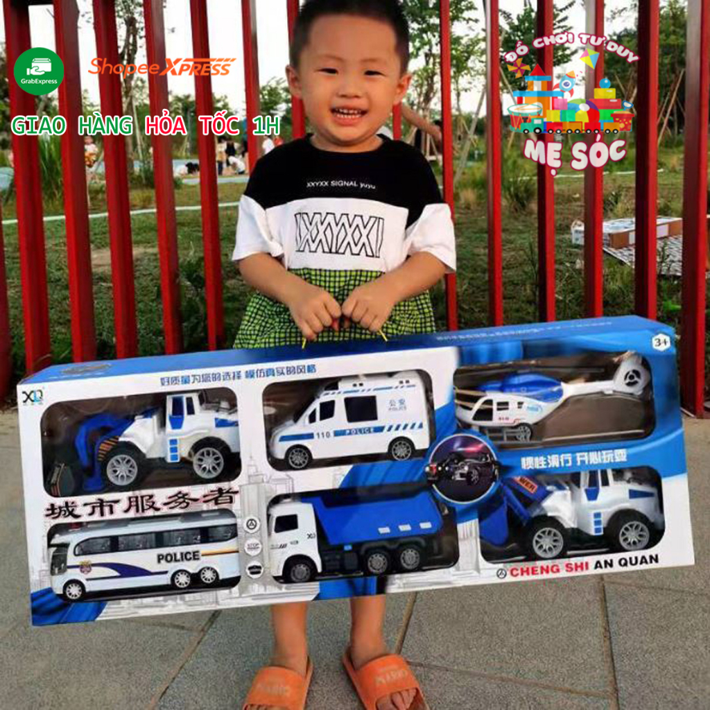 COMBO 6 XE CẢNH SÁT SIÊU TO, SET 6 XE CẢNH SÁT, XE TẢI, XE MÚC, XE CẨU, MÁY BAY CHẠY ĐÀ CHO BÉ