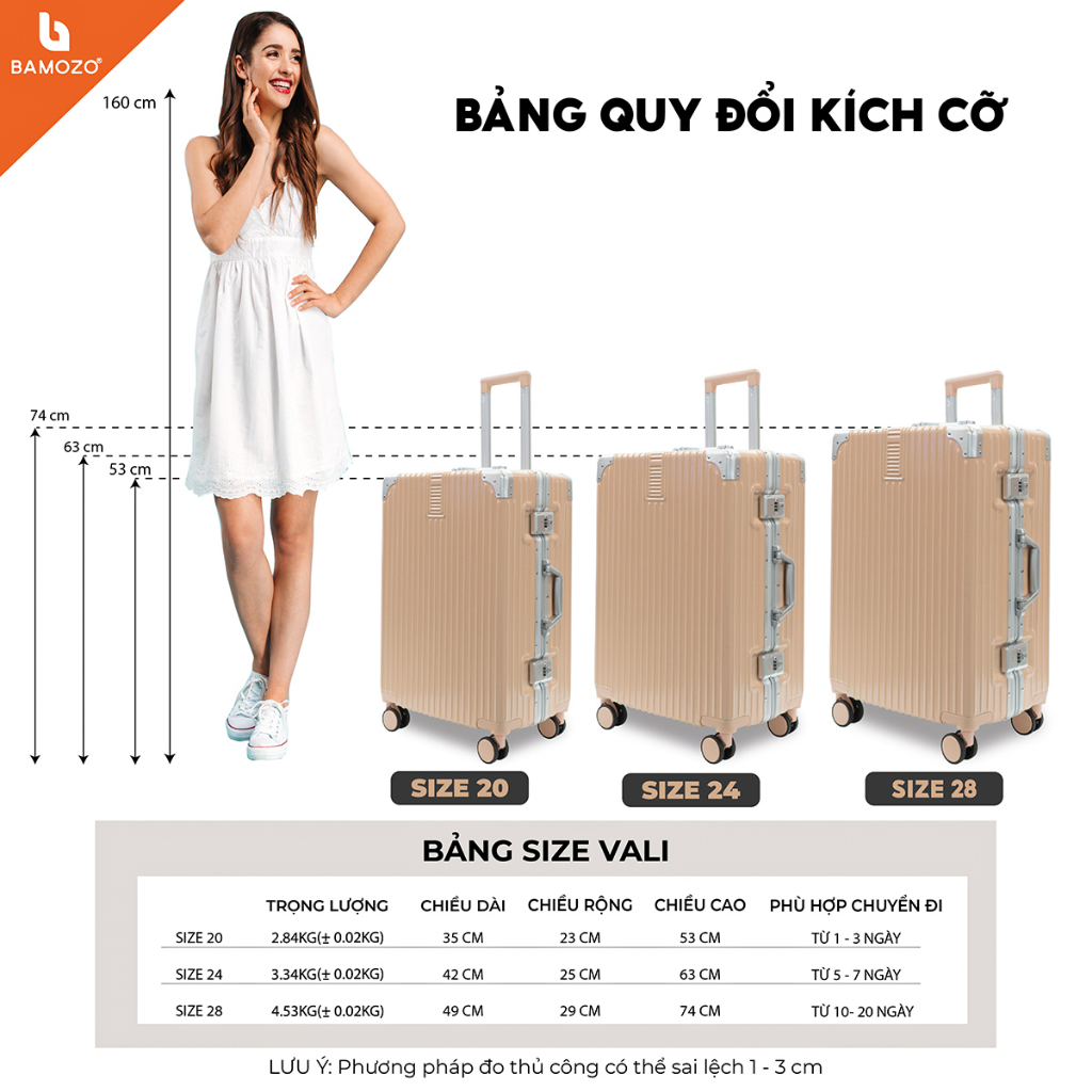 Combo Vali Bamozo Khung Nhôm 9066 Size 20 Và Size 24 Bảo Hành 5 Năm