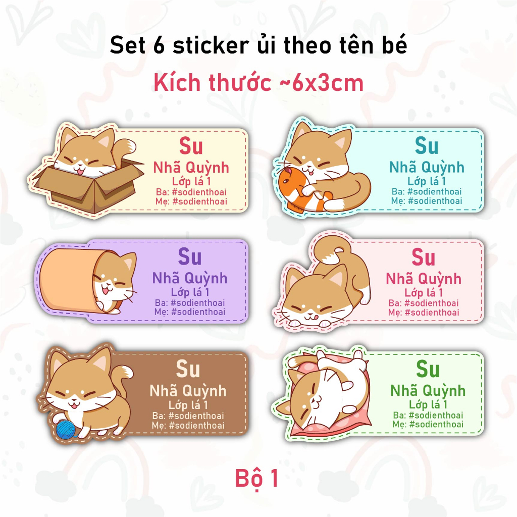 Bộ 6 Sticker Ủi In Tên Bé Mẫu Thú Cưng - Sticker Ủi Quần Áo, Ba lô, Chăn Gối Đánh Dấu Đồ Dùng Cá Nhân Cho Bé