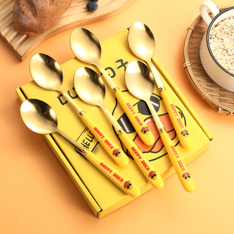 Set 6 Thìa, Muỗng Inox Vịt Vàng Duck Ngộ Nghĩnh Dễ Thương Kèm Hộp Đựng Chống Gỉ An Toàn Dành Cho Các Bé