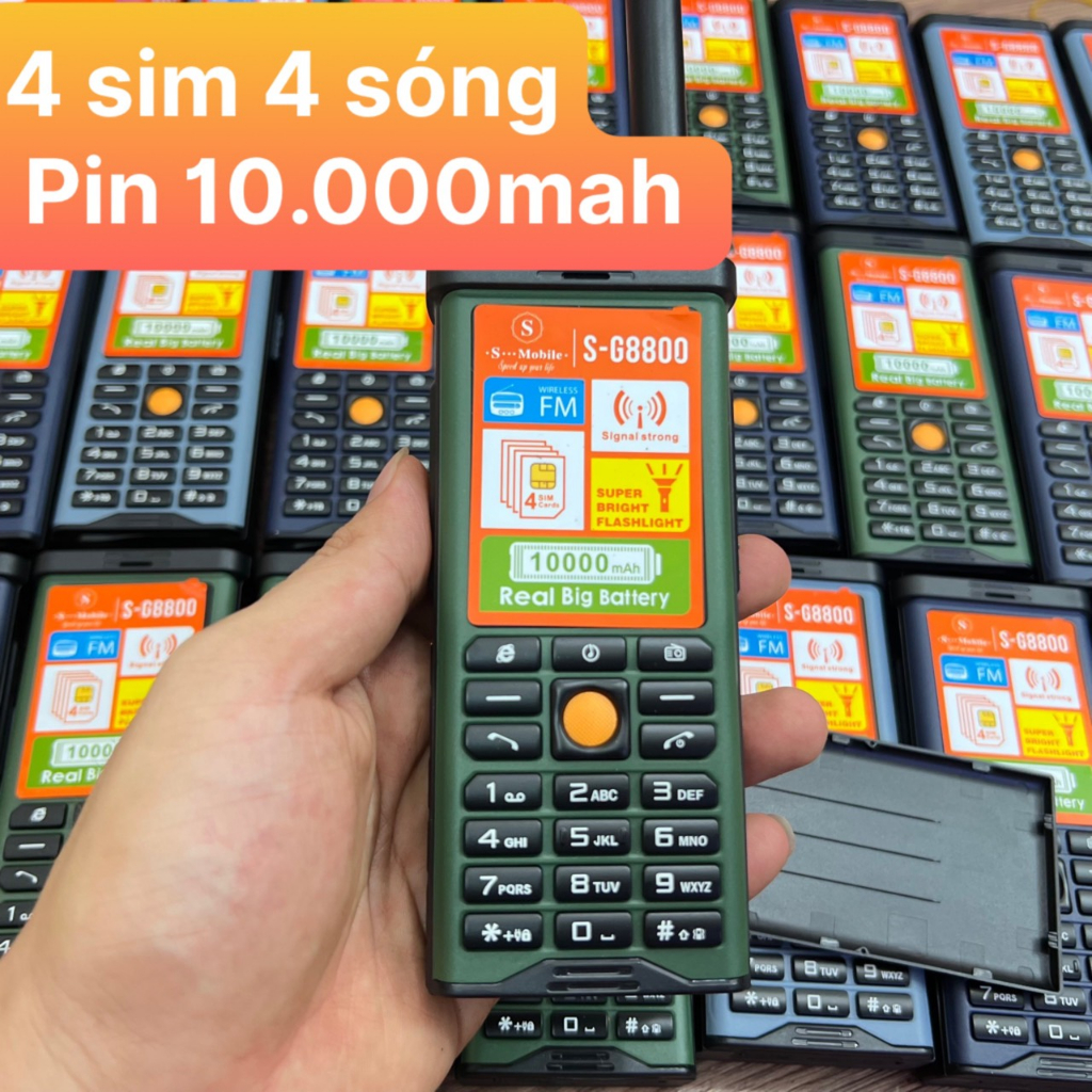 S-Mobile SG8800 4 sim 4 sóng pin 10000mah Có Ăng Ten Nghe FM Không Cần Tai Nghe