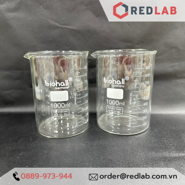 Cốc đốt thuỷ tinh, beaker thấp thành chịu nhiệt BIOHALL Germany 10 25 50 100 150 200 250 400 500 600 800 1000 ml, có VAT